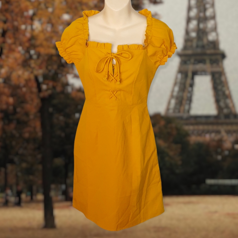 New NASTY GAL Marigold Yellow Square Neck Short Sleeves Mini Dress Size 2